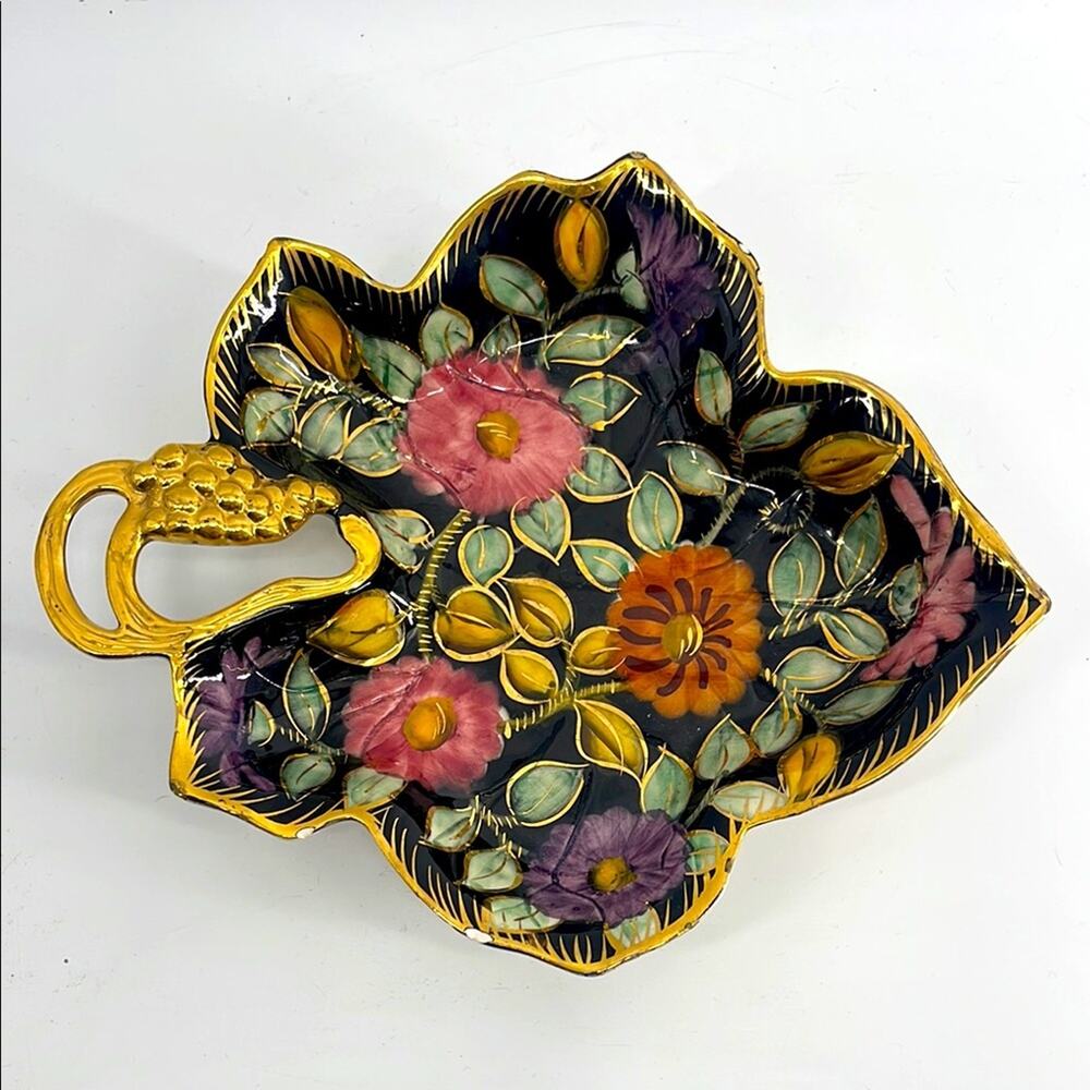 Vintage H. Bequet Hand Painted Floral Leaf Shape Trinket Bowl Wall Hanging